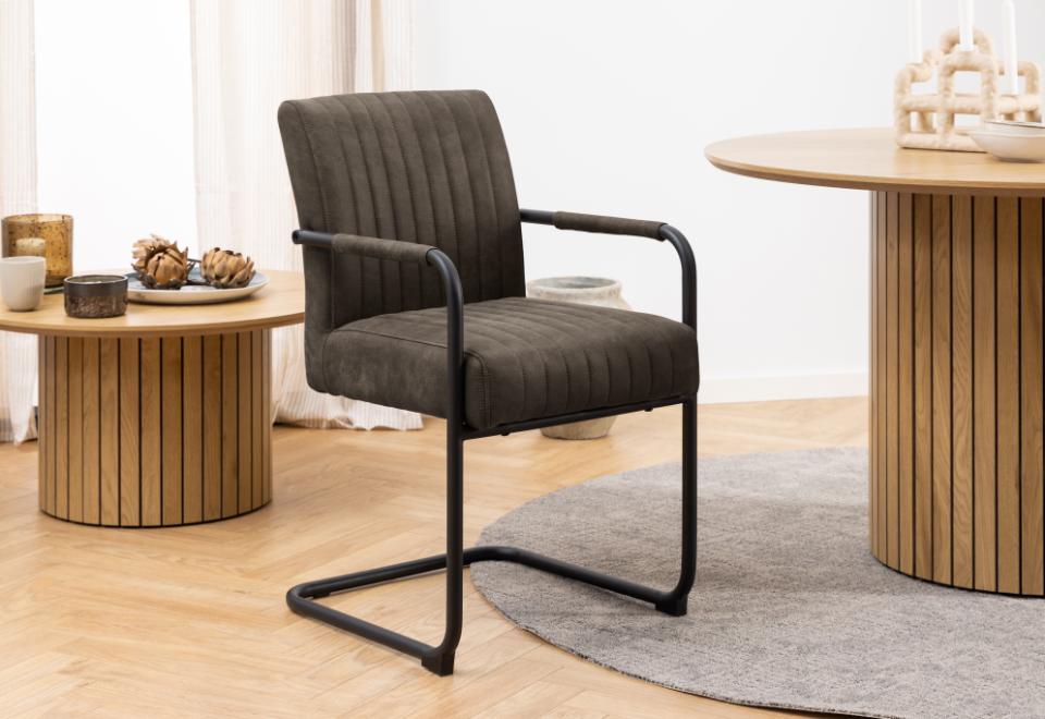 Adele Anthracite Designer Dining Chair With Armrest, Pocket Springs And Vertical Stitching, Set Of 2 Chairs