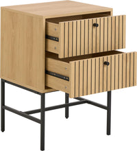 Load image into Gallery viewer, A modern two-drawer nightstand with a light oak wood finish and black metal legs, featuring vertical slat panel drawer fronts and open top drawers.