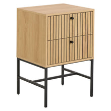 Load image into Gallery viewer, A modern two-drawer side cabinet with a light natural wood grain finish and vertical slat panel doors, supported by a black metal frame base, shown on a plain white background.
