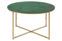Load image into Gallery viewer, Alisma Large Round Glass Coffee Table Green Marble Print With Golden Frame 80cm