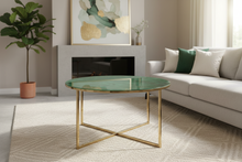 Load image into Gallery viewer, Alisma Large Round Glass Coffee Table Green Marble Print With Golden Frame 80cm