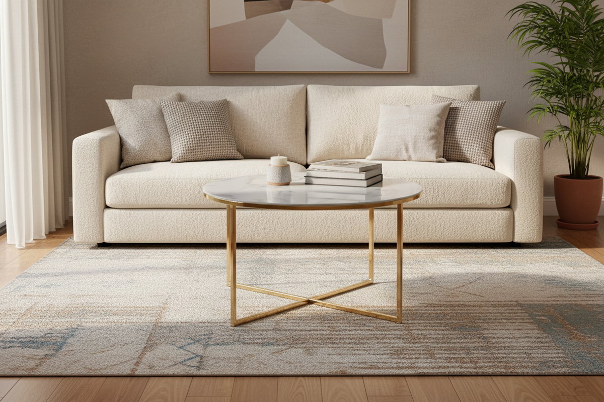 Beige sofa with decorative pillows in a living room setting with a coffee table and plant.