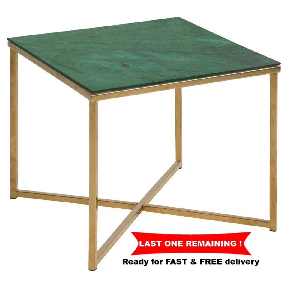 Alisma Square Side Table With A Green Marble Glass Top And Gold Base 50cm