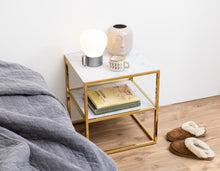 Load image into Gallery viewer, Alisma White Marble Bedside Table With Gold Metal Frame And Shelf