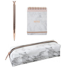Load image into Gallery viewer, Marble print and Rose Gold Stationery Set, Pencil Case, Notepad and Slim Rollerball Pen
