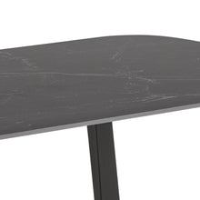 Load image into Gallery viewer, Round dark gray marble table with a black metal base on a white background