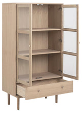 Load image into Gallery viewer, Aston Display Cabinet In White Oak With 2 Glass Doors, Shelves And Drawer 145x80x40 cm