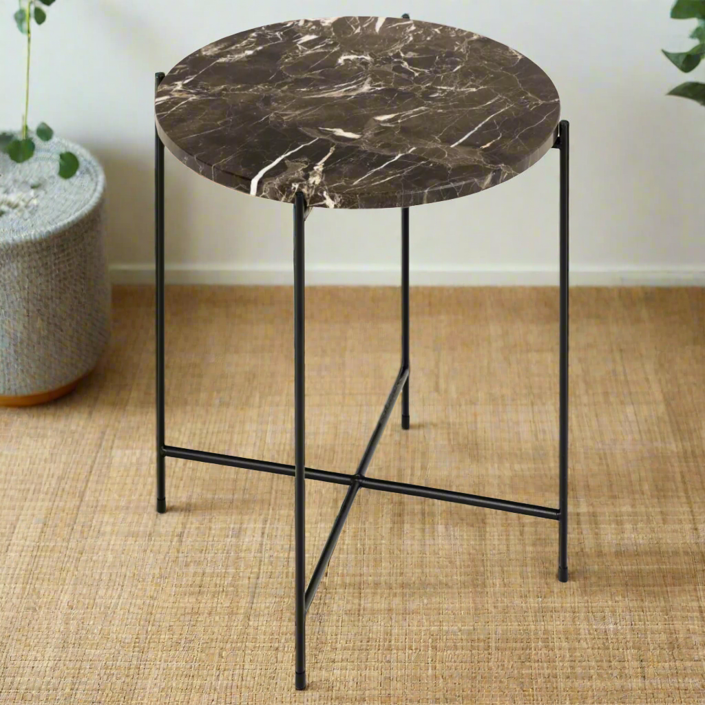 Avila Amour Round Side Table In Brown Marble With A Metal Base 42cm