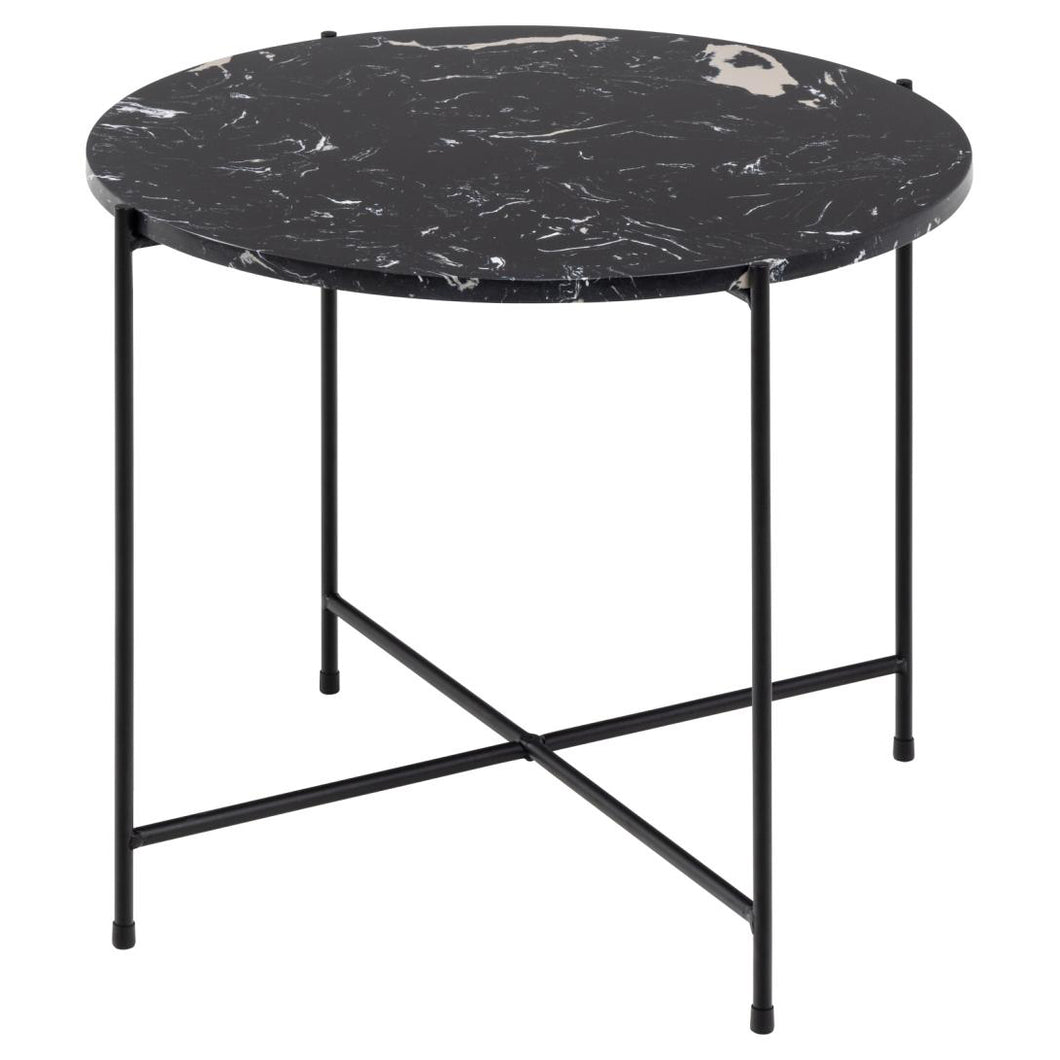 Avila Amour 52cm Round Side Table In Black Marble With A Metal Base