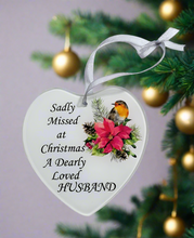 Load image into Gallery viewer, Husband Glass Hanging Heart In Loving Memory Christmas Memorial Robin And Poinsettia