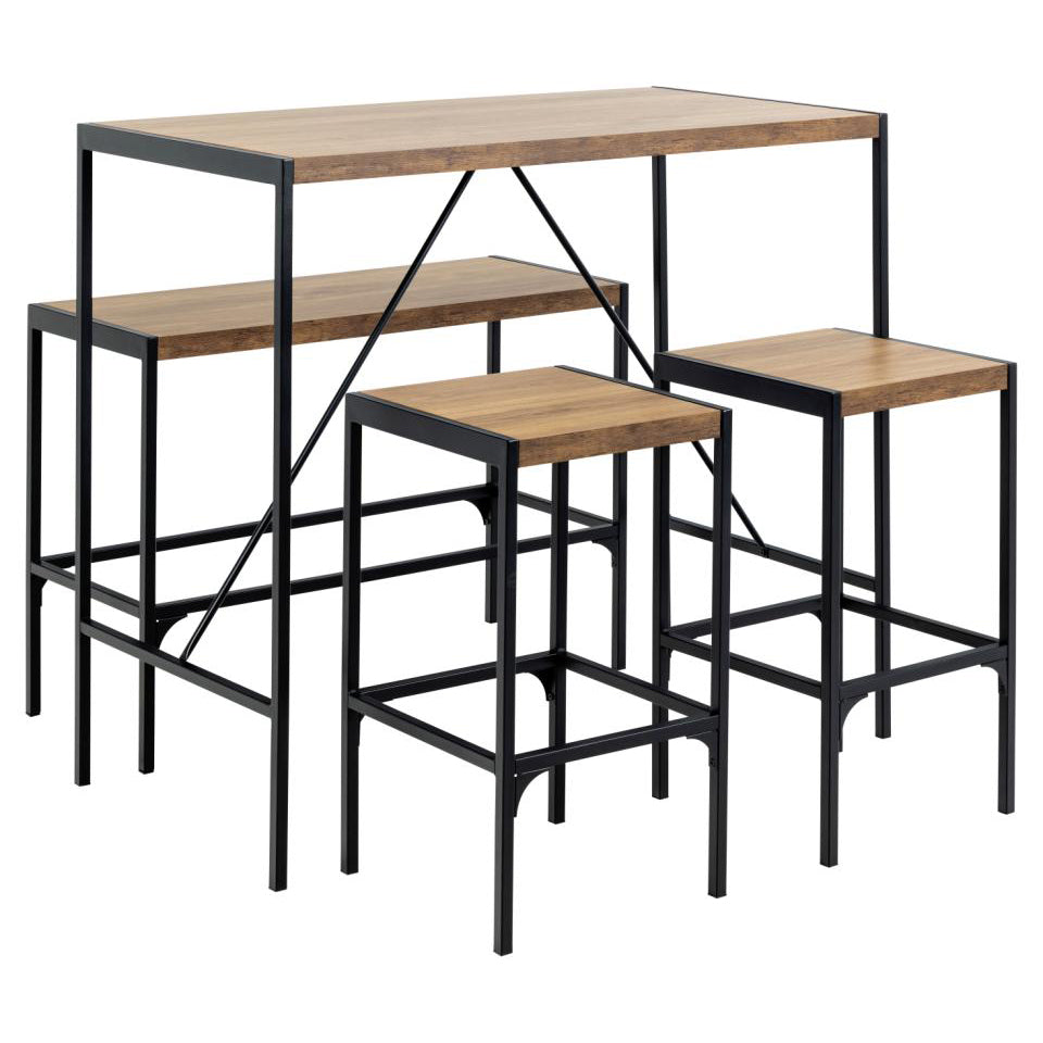 Bahamas Bar Table And Stool Set In Brown Oak With Black Metal Legs And Footrests 120x60x105 cm