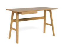 Load image into Gallery viewer, A light oak wood writing desk with a single drawer, angled legs, and a central support beam, shown on a white background.