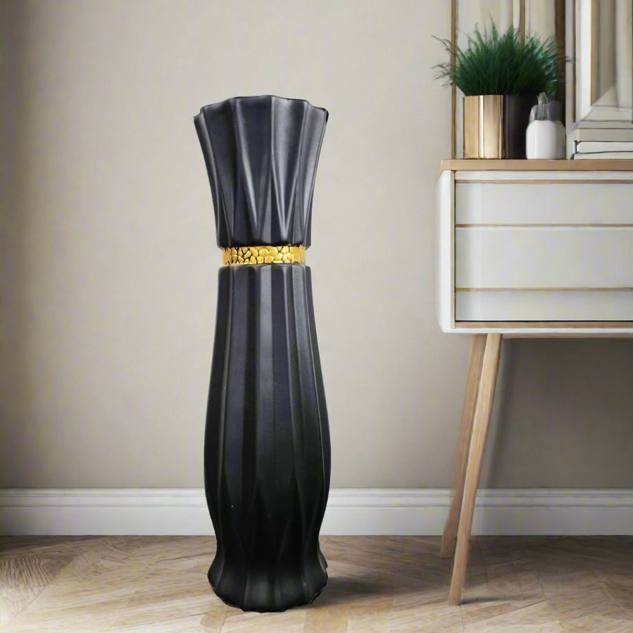 Large Black Ceramic Floor Standing Vase With Gold Stripe 60cm Home Dec ...