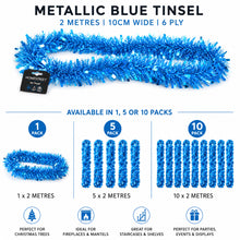 Load image into Gallery viewer, Blue metallic tinsel garland shown on a white background with product text, pack sizes, and usage suggestions. The top reads 'METALLIC BLUE TINSEL 2 METRES | 10CM WIDE | 6 PLY,' and the bottom includes icons for Christmas trees, fireplaces, staircases, shelves, and party displays.