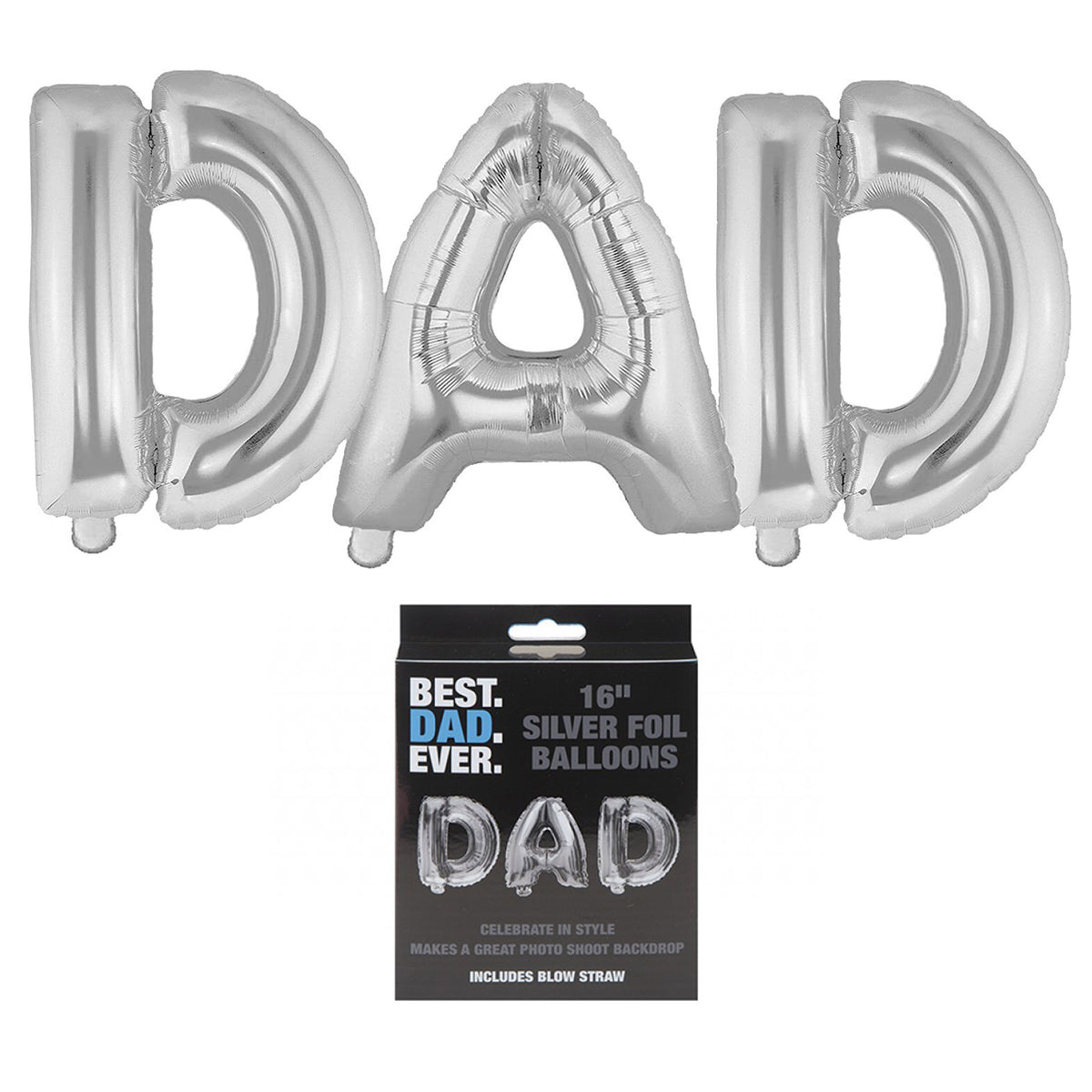 DAD Foil Balloon. 16" Silver Foil Balloons with Blow Straw. Father's Day or Dad's Birthday Backdrop or Party Décor