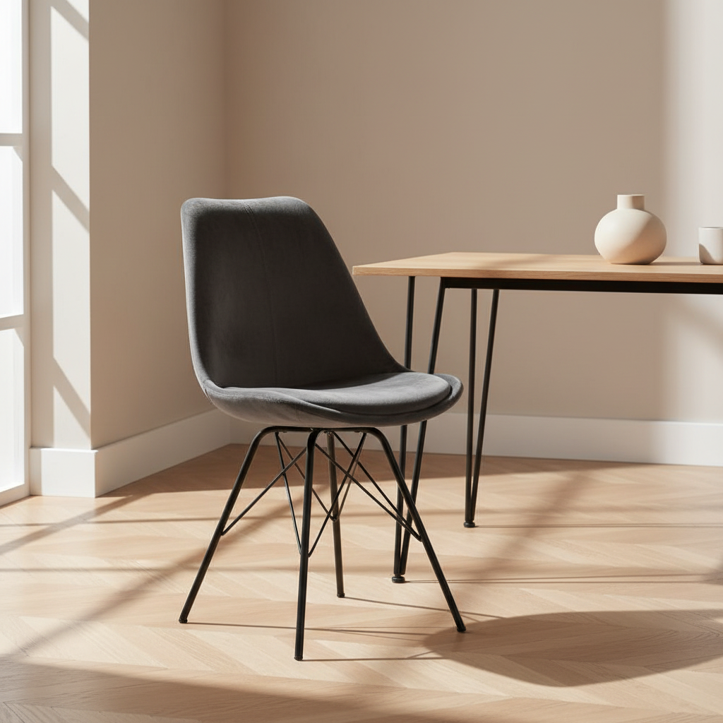 Eris Dark Grey Designer Fabric Chairs With Black Metal Coated Base Set Of 2