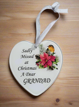 Load image into Gallery viewer, Grandad Glass Hanging Heart In Loving Memory Christmas Memorial Robin And Poinsettia