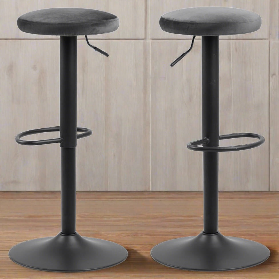 Finch Dark Grey Velvet Fabric Bar Stools, Set Of 2 Black Powder Coated Base, Trumpet Foot Rest And Gas Lift Function