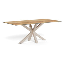 Load image into Gallery viewer, A rectangular dining table with a light oak wood grain top and a light beige X-shaped metal base, shown on a solid white background.