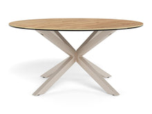 Load image into Gallery viewer, Round wooden heaven coffee table with a metal base on a white background