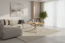 Load image into Gallery viewer, Modern living room with a beige sectional sofa, wooden coffee table, and decorative elements.