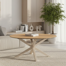Load image into Gallery viewer, Heaven Cross Leg Large Round Ceramic Glass Oak Coffee Table, Metal Base 82x40cm