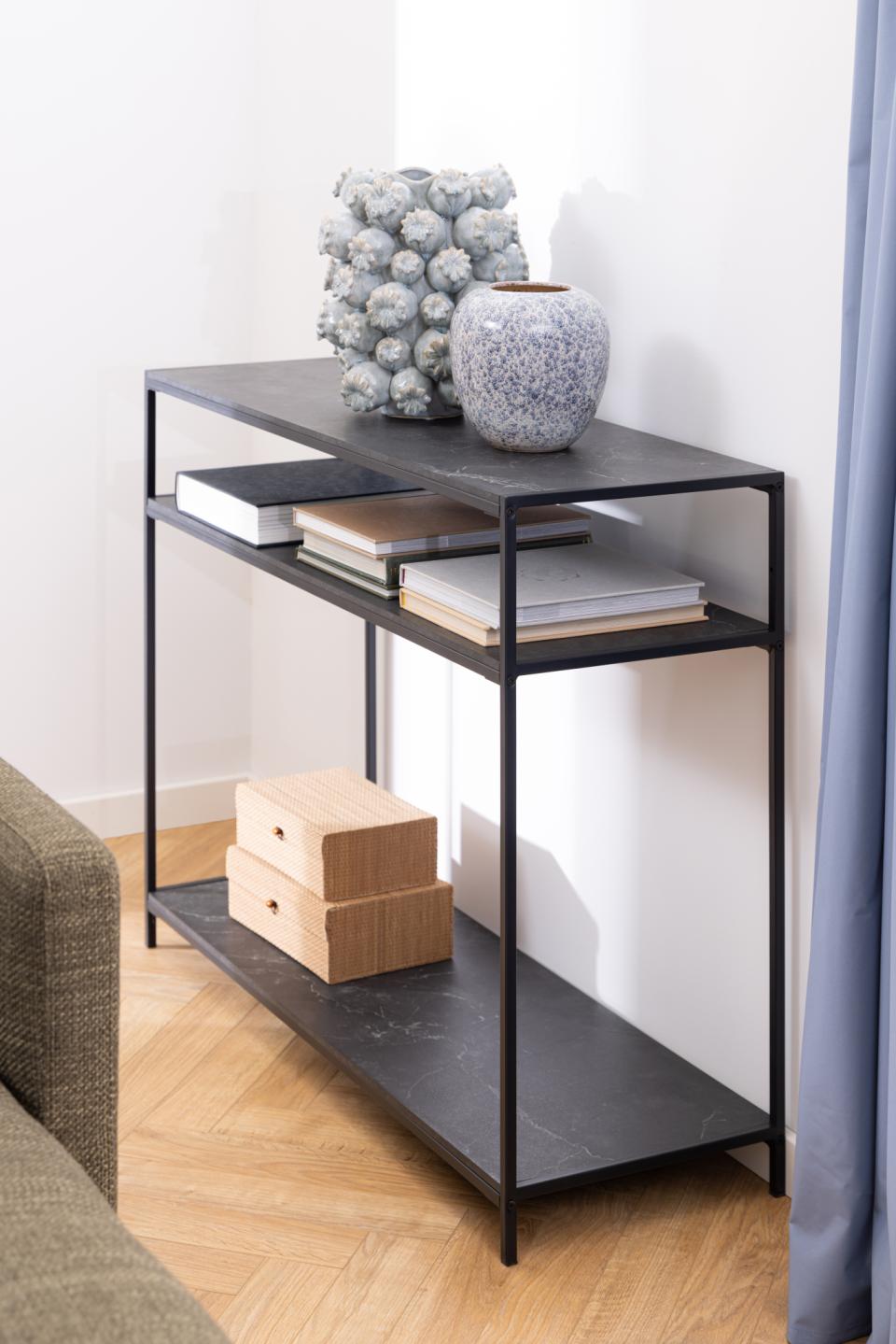 Infinity Console Table With Black Marble Print Steel Base 2 Shelves Rectangle 100x35cm