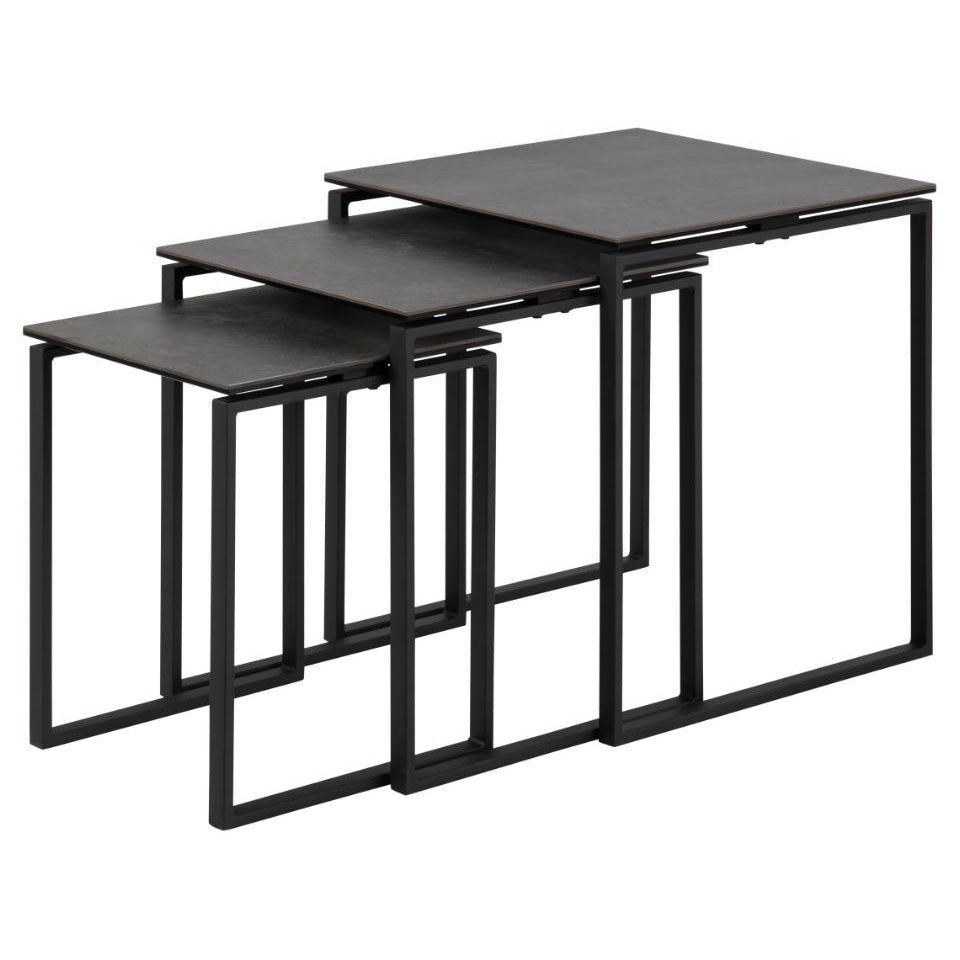 Set of three black nesting tables on a white background