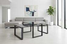 Load image into Gallery viewer, Modern living room with a gray sectional sofa, glass coffee tables, and a plant.