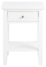 Load image into Gallery viewer, A white wooden nightstand with a single drawer featuring a small round silver knob, and an open lower shelf, shown against a plain white background.