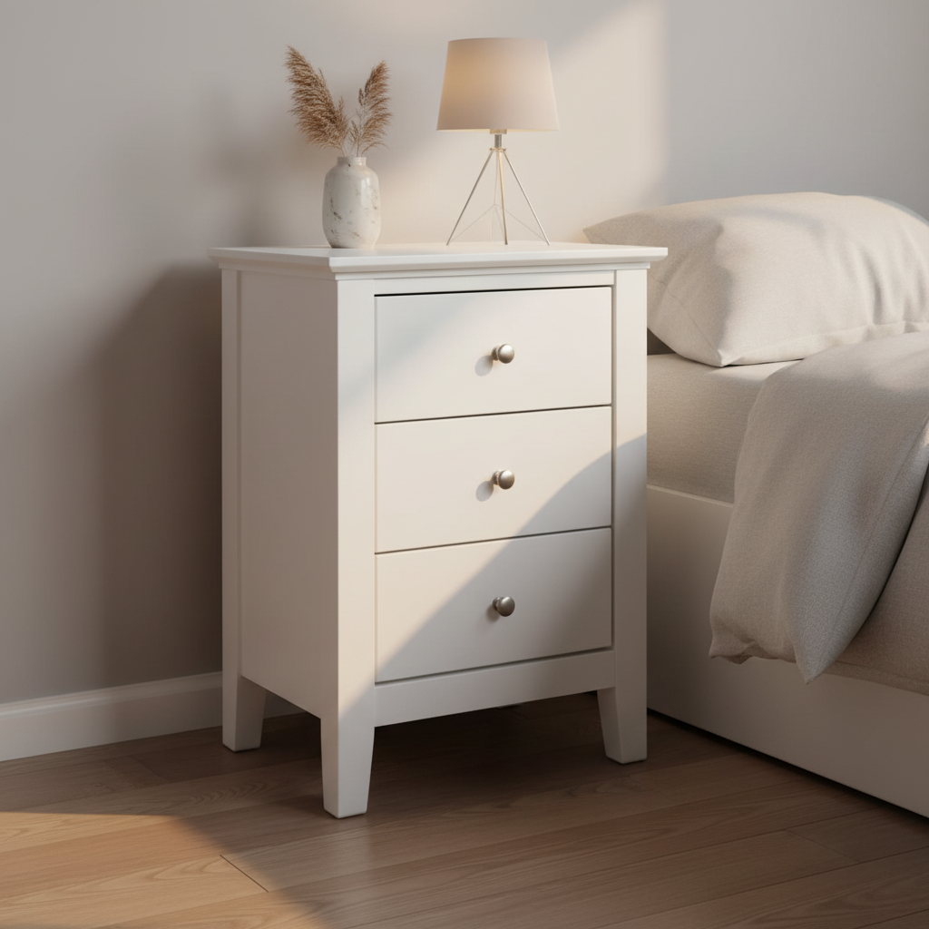 Linnea Bedside Table With 3 Drawers 45x34x62.8 cm Chic White Bedroom Furniture