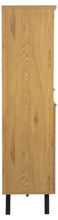 Load image into Gallery viewer, A tall wooden cabinet or storage unit with a light oak wood grain finish and black metal legs, shown against a plain white background.