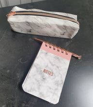 Load image into Gallery viewer, Marble print and Rose Gold Stationery Set, Pencil Case, Notepad and Slim Rollerball Pen