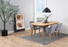 Load image into Gallery viewer, Dining room with wooden table and gray chairs, plant, and abstract art on the wall.