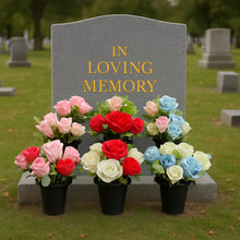 Load image into Gallery viewer, Memorial Grave Cemetery Pots With 12 Artificial Roses Eucalyptus Flower Heads Gift
