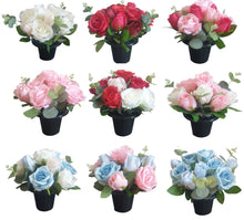 Load image into Gallery viewer, Memorial Grave Cemetery Pots With 12 Artificial Roses Eucalyptus Flower Heads Gift