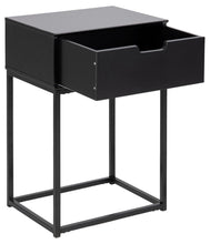 Load image into Gallery viewer, Black side table with a drawer on a white background