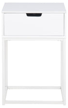Load image into Gallery viewer, A white single-drawer nightstand with a slim metal frame and a black drawer pull handle, shown against a plain white background.