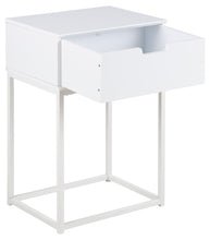 Load image into Gallery viewer, White side table with a drawer on a white background
