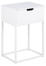 Load image into Gallery viewer, White side table with a drawer on a white background