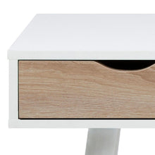 Load image into Gallery viewer, White table with a wooden drawer on a white background