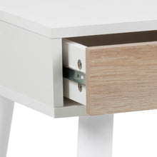 Load image into Gallery viewer, Close-up of a white desk with a light oak wood drawer pulled open, showing the metal drawer slide mechanism.