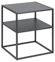 Load image into Gallery viewer, Black metal side table with two shelves on a white background