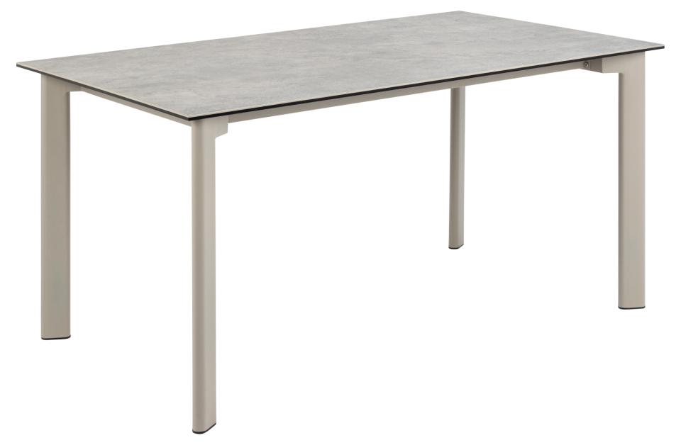 A rectangular dining table with a light gray ceramic tabletop and slim light beige metal legs, shown on a plain white background.