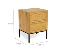 Load image into Gallery viewer, A two-drawer wooden nightstand with a light oak finish and black metal legs, shown with dimension lines indicating 61 cm height, 40 cm width, and 45.6 cm depth on a white background.