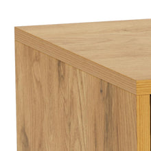 Load image into Gallery viewer, Close-up of a light oak wood cabinet corner showing the top surface, front panel, and side edge against a white background.
