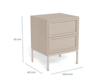 Load image into Gallery viewer, A light beige wood two-drawer nightstand with slim legs, shown with dimension lines indicating a height of 61 cm, width of 40 cm, and depth of 45.6 cm on a white background.