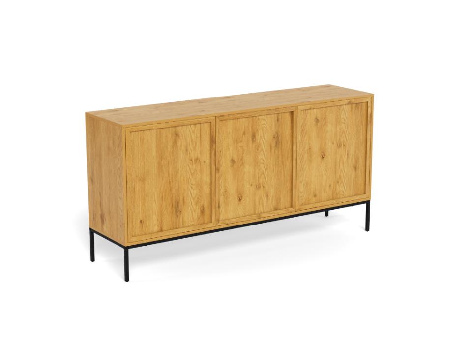 A modern three-door sideboard cabinet made of light oak wood with black metal legs, shown on a plain white background.