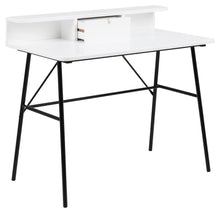 Load image into Gallery viewer, A modern white writing desk with a black metal frame and legs, featuring an open top shelf with a single white drawer.