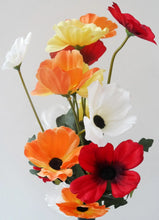 Load image into Gallery viewer, Artificial Wild Poppy Flower Stem With Leaves 4 Heads In Red, Orange, Yellow Or White